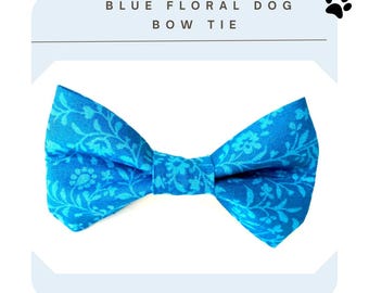 Blue Floral Dog Bow Tie: Girl Dog Collar Accessory