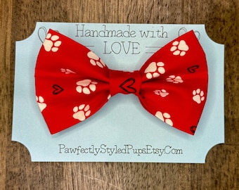 Dog Bow Tie with Paw Prints: Red Pet Collar Accessory