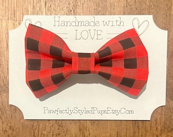 Plaid Dog Bow Tie: Red Buffalo Collar Accessory