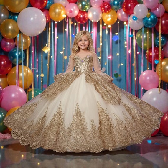 Girls Gold Lace Sequin Ball Gown | Long Train Princess Dress - Etsy Girls Gold Lace Sequin Ball Gown | Long Train Princess Dress - Etsy