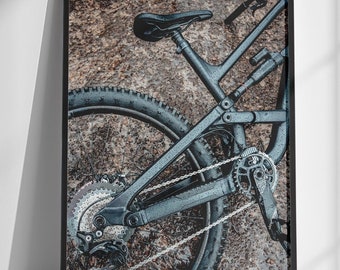 A Downhill Bicycle Lying On The Ground In Raindrops Printable Digital Print, Extreme Sports Decor, Mountain Biking Gift, Decor for Boys Room
