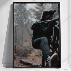 Downhill Mountain Biker in Rainy Forest Digital Poster, Wheelie, Mountain Bike in Helmet Wall Art, MTB Lovers Gift, Extreme Sport Lover Art