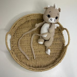 May include: A crocheted dragon doll in tan, white, and black, with long, trailing appendages and small white wings. The dragon is seated in a woven, round tray with handles. The doll has a friendly expression.