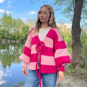 Chunky Merino Wool Cardigan - Bright Pink Cozy Knit