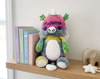 Rainbow Velour Baby Crochet Dragon Handmade Plush with Wings | 12 inch