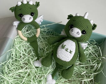 Baby Gift Set – Green Dragon Plush Toy with Rattle, Personalized Baby Shower or Pregnancy Announcement Gift