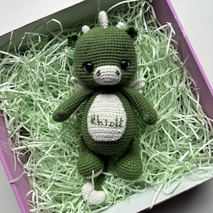 May include: A handmade green crochet dragon toy with white accents, including wings, horns, and a belly patch. The dragon is inside a pink box filled with green paper shreds. The name "Rhioitt" is embroidered on the belly.