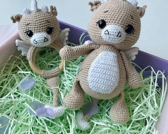 Handmade Baby Dragon Toy Set – Soft Plush & Rattle Gift for Newborns