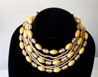Vintage Yellow Beaded Multi-Strand Necklace: Mid-Century Gold Flecks