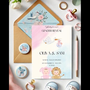 Faire-part imprimé sexe - thème cigogne et bébé - faire-part personnalisé baby shower - cartes imprimées personnalisées