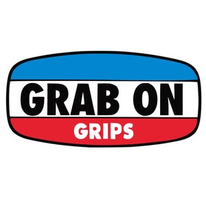 May include: A red, white, and blue oval sticker with the text "GRAB ON GRIPS" in black.