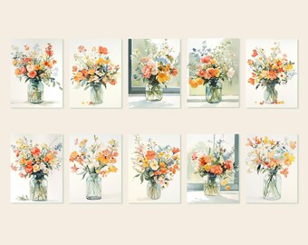 Watercolor Flower Art, Set of 10 Printable Wall Art, Minimalist Flower Pictures, Digital Download, Watercolor Poster, Scandinavian Decor