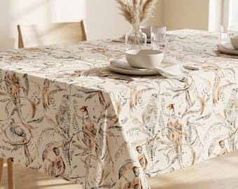 Mantel botánico con estampado de pájaros, mantel de algodón con estampado de hojas, decoración de comedor para jardín rústico.