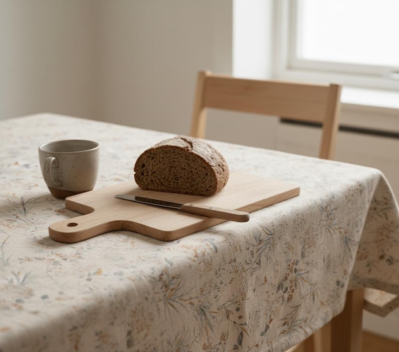 Puede incluir: Una escena de cocina r&uacute;stica con una tabla de cortar de madera, una hogaza de pan y un cuchillo. Una taza de cer&aacute;mica moteada est&aacute; cerca. La mesa est&aacute; cubierta con un mantel con estampado floral.