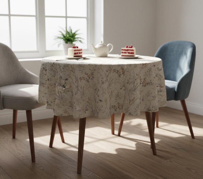 Puede incluir: Una mesa redonda cubierta con un mantel floral. Dos rebanadas de pastel con bayas rojas est&aacute;n en platos. Tambi&eacute;n hay una tetera blanca y dos sillas. La mesa tiene patas de madera.