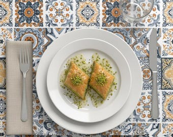 Iznik Tile Pattern Tablecloth – Water & Stain Repellent, OEKO-TEX Certified, Custom Size Available