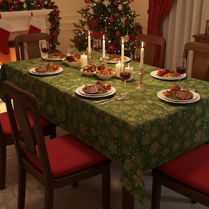 May include: A festive Christmas dinner table setting. The green tablecloth is adorned with gold snowflake patterns. The table is set with plates of food, wine glasses, and lit candles. Wooden chairs with red cushions surround the table.