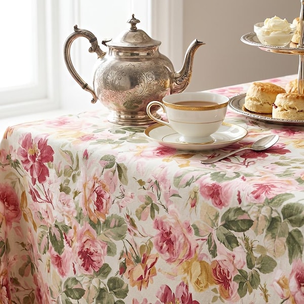 Pink Floral Tablecloth – Custom Size Romantic Cottage Garden Decor
