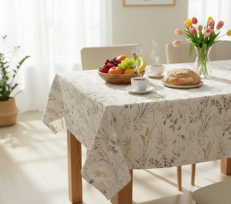 Puede incluir: Un mantel rectangular con un estampado floral cubre una mesa de madera preparada para una comida. Un cuenco de madera con fruta, tazas de caf&eacute;, pan y un jarr&oacute;n con tulipanes est&aacute;n sobre la mesa. El mantel tiene un fondo beige con dise&ntilde;os florales verdes y amarillos.