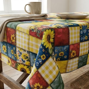 Sonnenblume Patchwork Tischdecke, Auslaufsichere Bauernhaus Tischdekoration