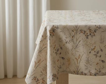 Botanical Bird Pattern Cotton Tablecloth in Custom Size for Serene Dining Spaces