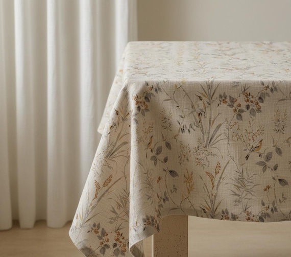 Botanical Bird Pattern Cotton Tablecloth in Custom Size for Serene Dining Spaces