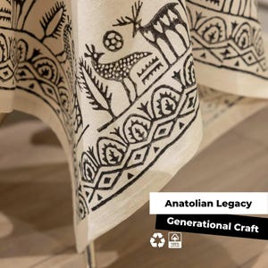 Handmade Hittite Print Linen Tablecloth: Cultural Block Print Decor