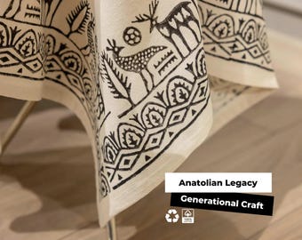 ユニークなスウェーデン製ハンドプリントコットンテーブルクロス 花と