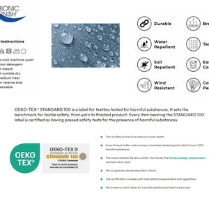 Puede incluir: Imagen que muestra tela con gotas de agua, instrucciones de cuidado e iconos que indican caracter&iacute;sticas como durabilidad, repelencia al agua y f&aacute;cil cuidado. Incluye el logotipo "Bionic Finish" y la certificaci&oacute;n "OEKO-TEX STANDARD 100".