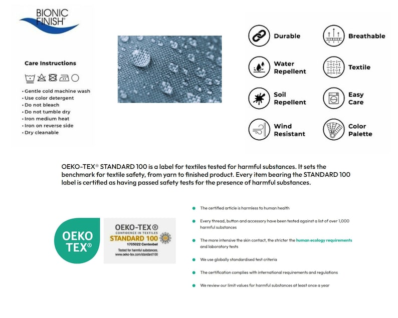 Puede incluir: Imagen que muestra tela con gotas de agua, instrucciones de cuidado e iconos que indican caracter&iacute;sticas como durabilidad, repelencia al agua y f&aacute;cil cuidado. Incluye el logotipo "Bionic Finish" y la certificaci&oacute;n "OEKO-TEX STANDARD 100".