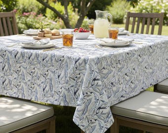 Mediterranean Blue Botanical Tablecloth for Dining – Custom Size Cotton Cover