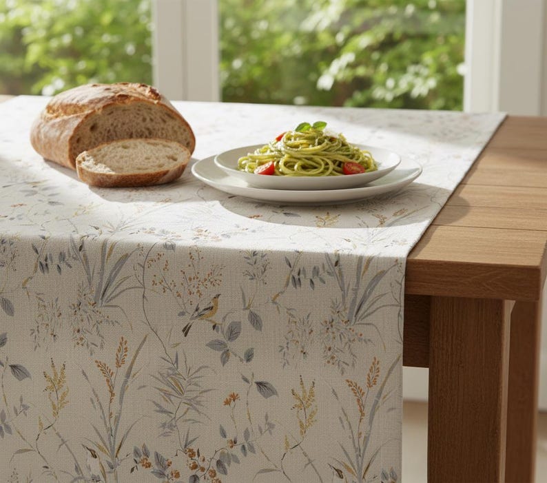 Puede incluir: Una mesa puesta con pan, un plato de pasta con pesto y tomates, y un camino de mesa con estampado floral. El camino de mesa tiene un fondo crema con ilustraciones bot&aacute;nicas en tonos apagados.
