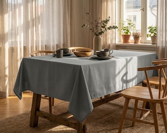 May include: A dining room scene featuring a wooden table covered with a gray tablecloth. The table is set with plates, bowls, and mugs. Two wooden chairs are positioned near the table. A vase with branches sits in the center, and sunlight streams through the window.