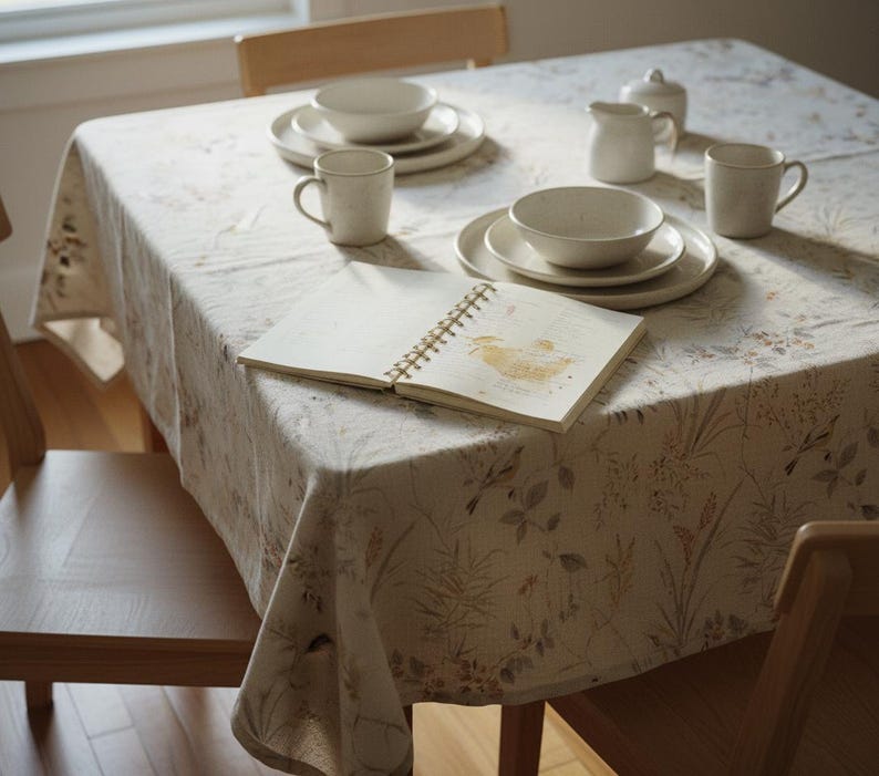 Puede incluir: Una mesa de comedor con un mantel floral, cuencos, platos, tazas y un cuaderno de cer&aacute;mica blanca. La mesa est&aacute; puesta con un mantel crema con un dise&ntilde;o bot&aacute;nico y sillas de madera.