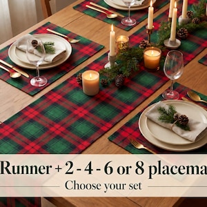 Christmas Table Runner and Placemats Set, Red Green Tartan Plaid