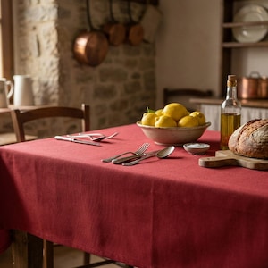 May include: A rustic kitchen scene with a red tablecloth set for a meal. A bowl of lemons, a loaf of bread, and a bottle of oil are on the table. Silverware and a wooden cutting board are also present.