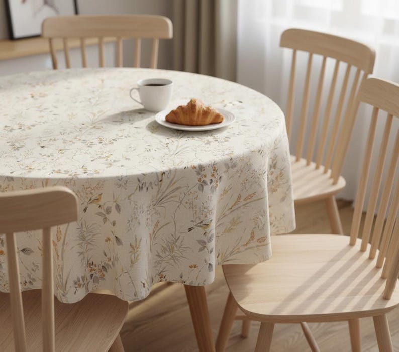 Puede incluir: Un mantel redondo con un estampado floral en beige, verde y amarillo cubre una mesa de madera. Una taza blanca y un plato con un cruas&aacute;n est&aacute;n sobre la mesa. Cuatro sillas de madera rodean la mesa.