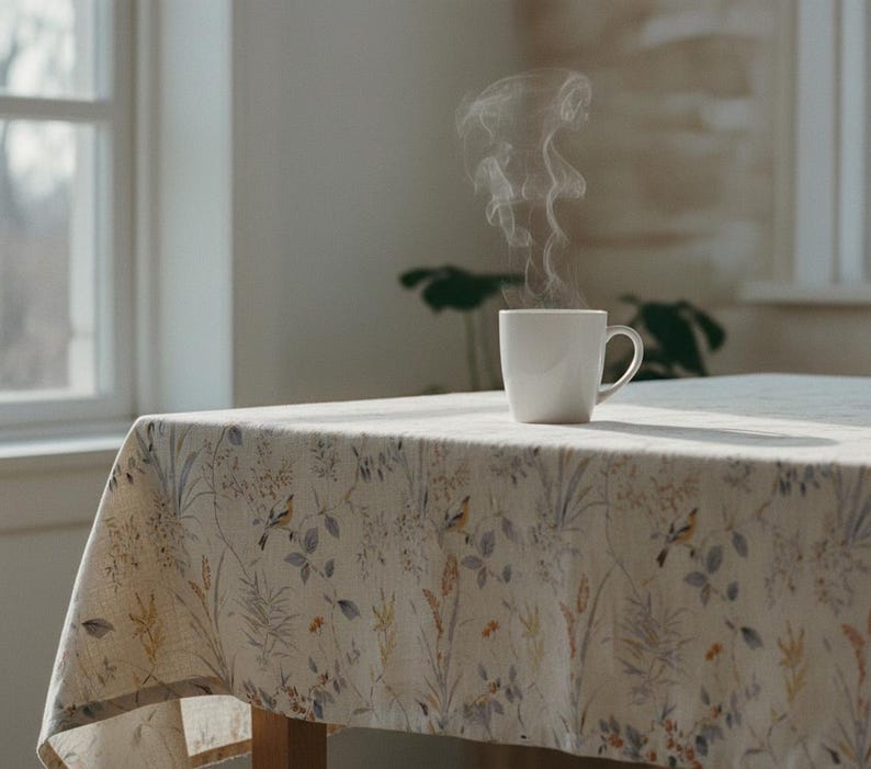 Puede incluir: Una taza blanca humeante sobre una mesa cubierta con un mantel floral. El mantel presenta un estampado de p&aacute;jaros, flores y follaje en tonos beige, gris y amarillo. Luz natural.