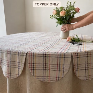 Multicolor Large Check Scalloped Table Topper, Handwoven Cotton Round Overlay