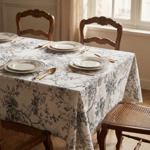 Puede incluir: Una mesa de comedor preparada con un mantel blanco con un estampado floral gris. La mesa está puesta con platos, cubiertos dorados y sillas de madera. El conjunto evoca elegancia clásica.