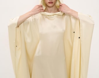Silk Hooded Maxi Dress for Women, Long Loose Fit Evening Gown with Hood, Elegant Silk Abaya Style Outfit, Handmade Resort Wear, Gift for Her