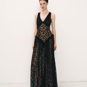 Sheer Lace Maxi Dress for Women, Long Transparent Evening Gown, Elegant Black Lace Party Dress, Handmade Sexy Outfit for Special Occasions