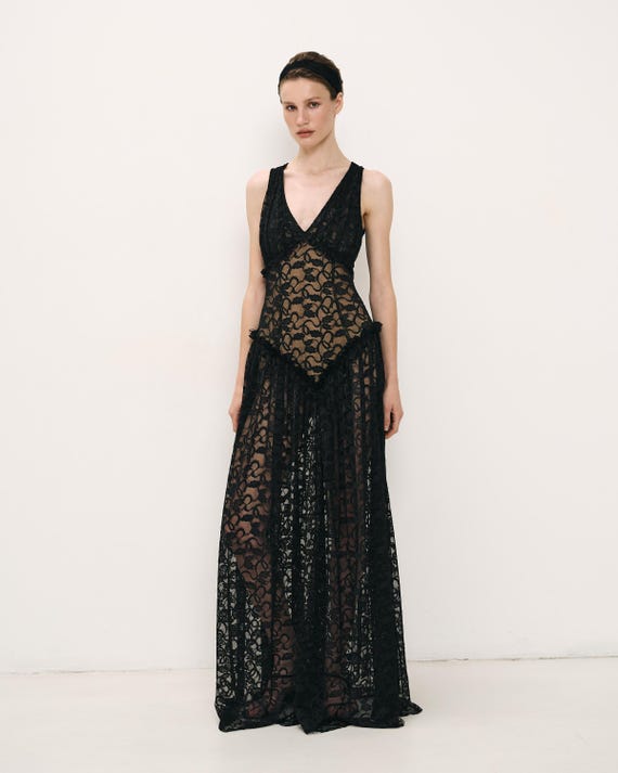 Black Lace Sheer Maxi Dress, Sleeveless Deep V Neck Evening Gown, Elegant Transparent Long Dress Black Lace Sheer Maxi Dress, Sleeveless Deep V Neck Evening Gown, Elegant Transparent Long Dress
