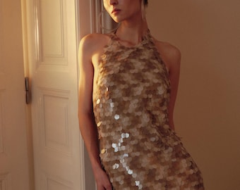 Sequin Halter Evening Gown with Open Back, Long Maxi Dress with Large Iridescent Sequins, Shimmer Party Dress for Night Out or Events
