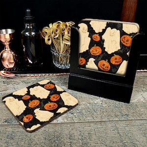 Halloween Wooden Coaster Set – Ghost & Pumpkin Design with Holder