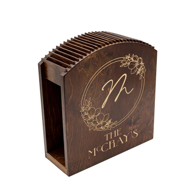 Laser Engraved Knife Block with knives Dark Stain Custom Floral Circle Monogram with Name Handcrafted in the USA empty