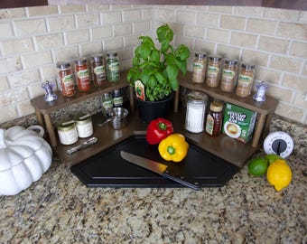 Handcrafted Wooden Corner Kitchen Shelf, Counter Spice Organizer