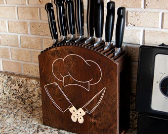 Custom Engraved Wooden  Knife Block for Kitchen, Gift for Chef or Housewarming, Handmade Knife Holder, Dark Wood Kitchen Decor