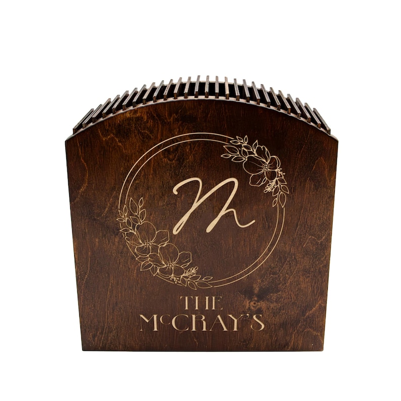 Laser Engraved Knife Block with knives Dark Stain Custom Floral Circle Monogram with Name Handcrafted in the USA empty
