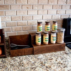 Rustic Dark Walnut 2 Tier Shelf with Pull Out Storage - Handcrafted in USA - Kitchen/Bathroom Organizer - Customizable Shelf Sizes